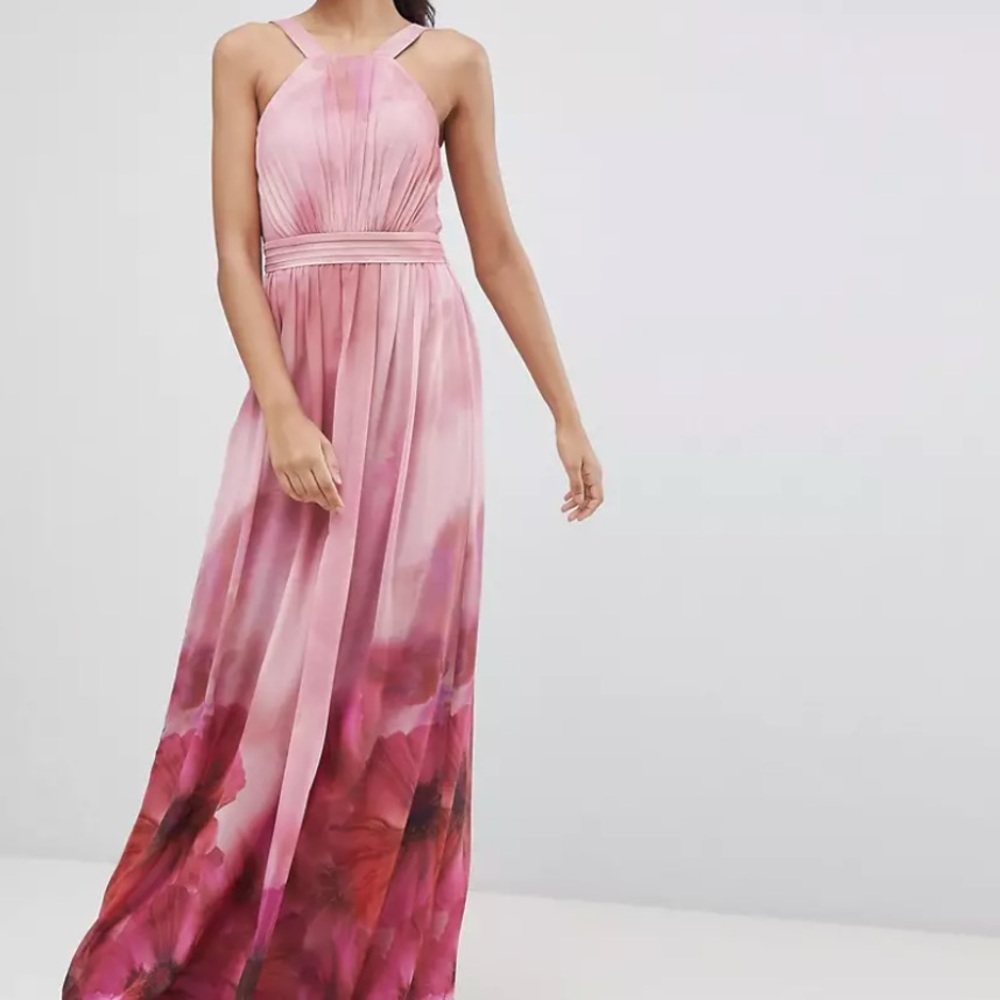 Little Mistress high neck bloom floral maxi dress, pink print long dress, size 6